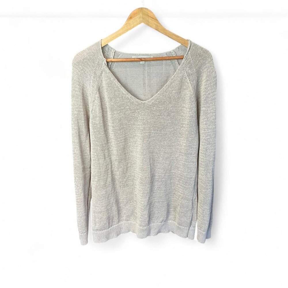 Loft Women's Cream‎ Tan V-neck Pullover Sweater Size L Cotton Blend Long Sleeve